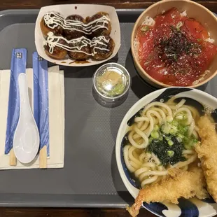 Udon with Shrimp Tempura and Tuna Kobachi Don and takoyaki