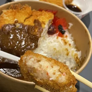 curry rice bowl, crab cream croquette