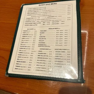 Sushi menu