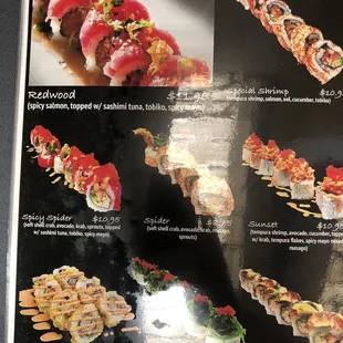 the menu for special rolls