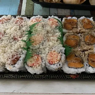 Sweet Potato Fried Roll, Crunchy Spicy Kani Roll and Crunchy Spicy Salmon Roll (right to left, sorry)
