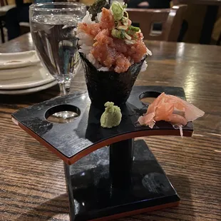 New Flavor Spicy Tuna Roll. I loved the stand! Very nice detail that made it easy to eat the Hand Roll*.