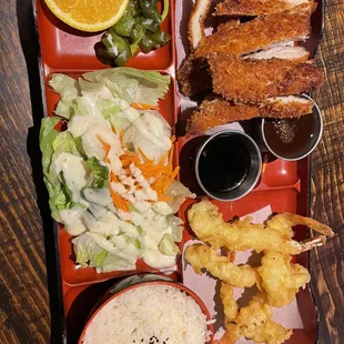 Dinner bento box: chicken Katsu and Shrimp tempura