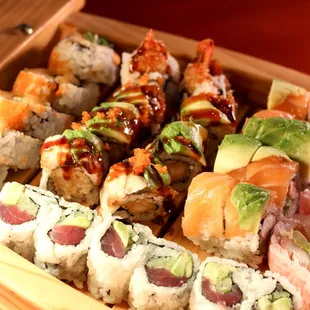 a tray of sushi