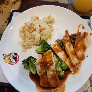 Teriyaki chicken with broccoli and fried rice