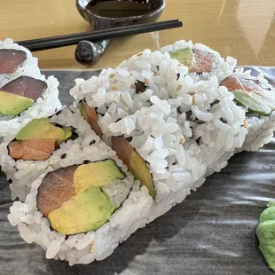 Beautiful and delicious salmon and avo, with tuna and avo roll, as part of my lunch combo special.