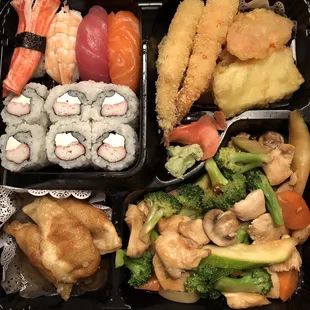 Chicken bento. $16.95 includes hib chicken/veg, pork dumplings, Ca. roll (subbed Philly), 4 pieces of sushi, veg tempura and soup &amp; salad.