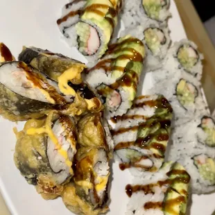 Volcano to the left, dragon with no eel in the middle, and California roll!