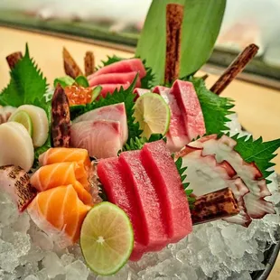 a platter of sushi on ice