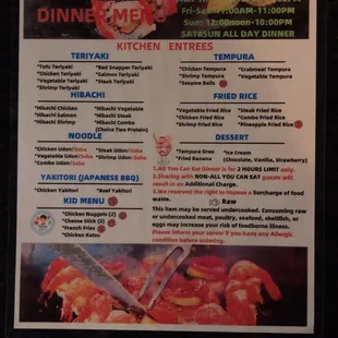 sushi and sashimi, menu
