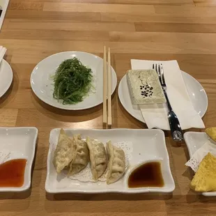 Fried calamari, gyoza, crab rangoon