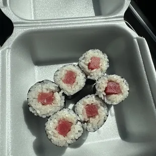 Looks like it was made days ago because the rice absorbed color from the tuna. So bad.