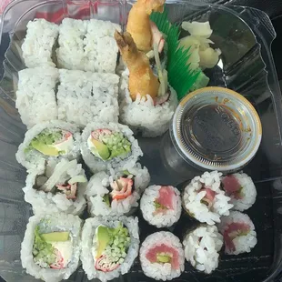 Shrimp Tempura Roll, California add Cream Cheese, and Tuna Roll