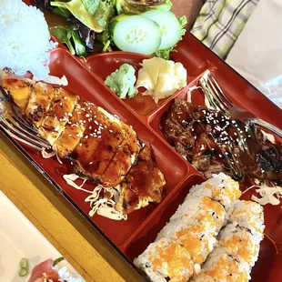 Lunch Bento $20 w/teriyaki chicken &amp; steak, all tasty but meats a tad chewy.