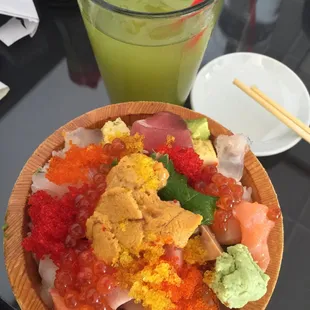 Omakase Kaisen Don and iced green tea