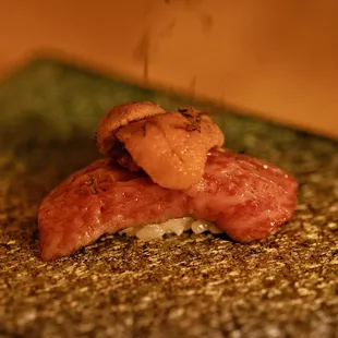 A5 Wagyu beef topped with uni and winter black truffle