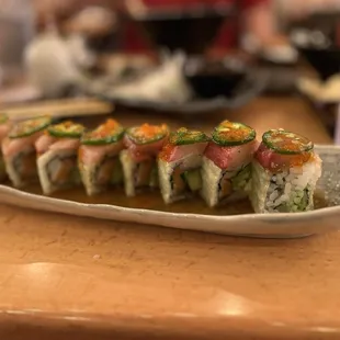 Salmon and yellow tail roll: the roll is very good. The sauce is way too sweet.