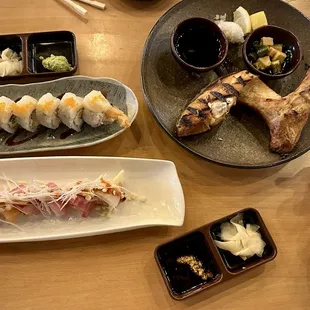 Lemon Drops and Fourth of July rolls, hamachi kama (collar) plus freshly grated wasabi and delicious ginger