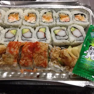 Jessica, California, and shrimp tempura rolls. And gluten free soy sauce!