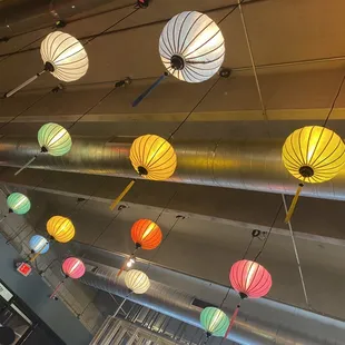 colorful paper lanterns hanging from the ceiling