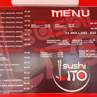 menu for sushi lito