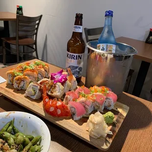 Sake bomb, garlic edamame, and a few rolls. Perfect for date night.