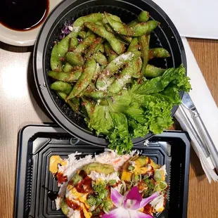 Cheesy garlic edamame and the baked avocado