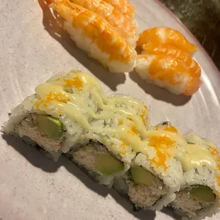 Shrimp Sushi, Salmon Sushi, and Snow Crab Roll
