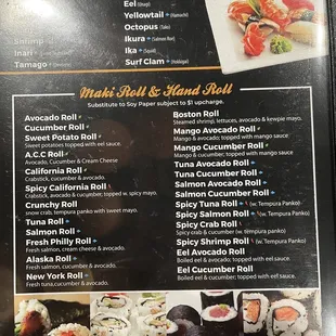 sushi and sashimi, menu