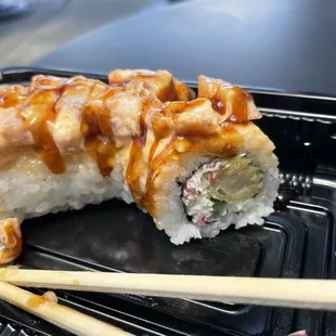 Tiger Maki, yum! Shrimp tempura in the middle topped with spicy ahi.