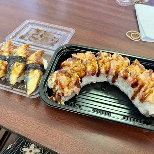 Cold Unagi Nigiri and Tiger Roll.