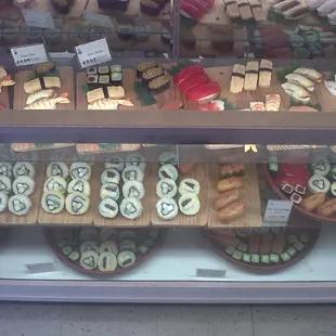 Sushi display with items from the menu.