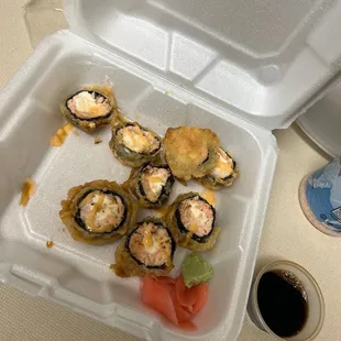SALMON TEMPURA ROLLS.   WHERE THE ELL AND SPICY MAYO ???? AND XTRA WASABI
