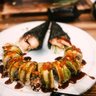 Dragon roll and eel hand roll