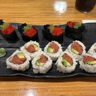 Flying fish roe and their amazing spicy tuna roll with avocado. Both so delicious.