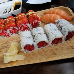 Top left Red Dragon Roll - Bottom Right Spicy crunch Salmon - 2 pieces of salmon nigiri