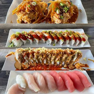 All the food I ordered tostadas, Miguel roll, Amazing Roll, sushimi.