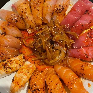 Salmon, tuna, yellowtail, albacore and shrimp Miguel&apos;s style