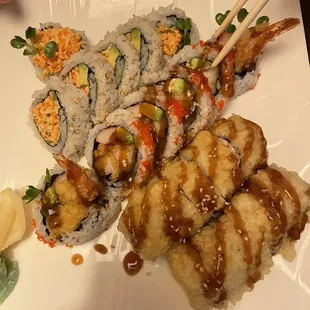 Spicy Crab Roll (top) Shrimp Tempura Roll (middle) California Roll with Crunch (bottom)