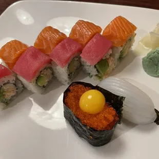 Perfection roll, Squad nigiri, Tobiko nigiri with egg