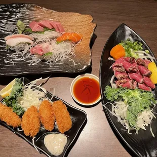 Sashimi, Steak, Kaki Fry