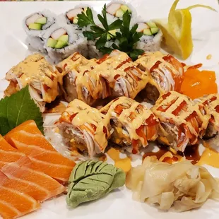 California Roll, Shaggy Dog Roll, Salmon Sashimi