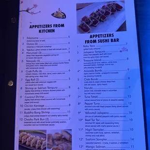 a menu for a sushi restaurant
