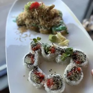 a hand holding a plate of sushi