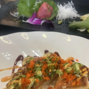 Crispy rice tuna and sashimi