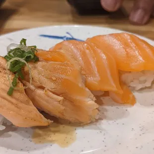 Seared salmon and sake nigiri