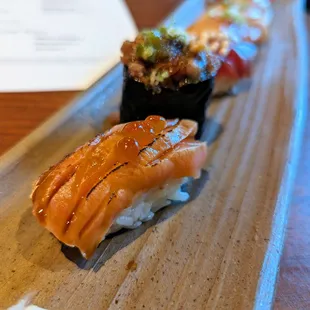 Nigiri Omakase. $45. Includes miso soup, chef's choice of 8 pieces nigiri, hand roll, tamago. See my review for description of each nigiri.