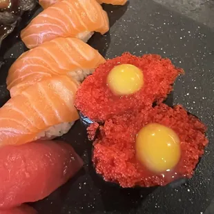 Salmon sushi, Tuna sushi, Flying Fish Roe with quail egg
