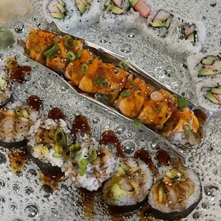 a variety of sushi rolls