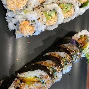 Spicy crab roll in back. Shrimp tempura roll in front